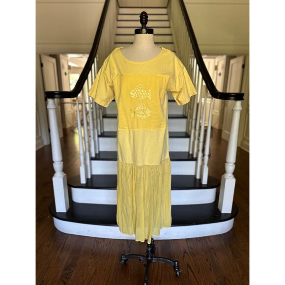 Vintage 90s Johnny Was Cotton Silk Yellow TShirt Dress Resort Beach Pool CoverUp - Picture 3 of 11